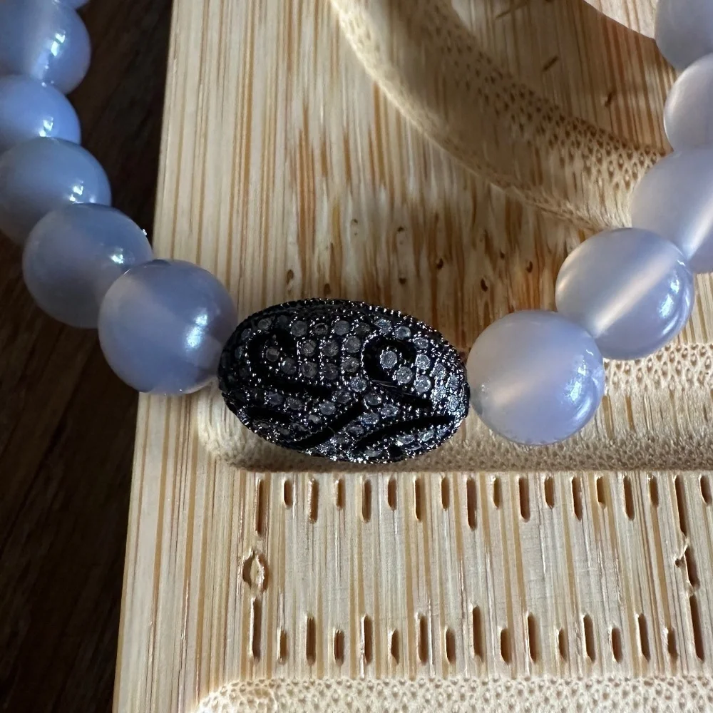 Polished 8mm Chalcedony Stretch Bracelet w/ Jet Crystal Pave Filigree Spacer